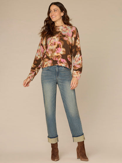 Democracy Clothing Long Ruched Sleeve Mock Neck Abstract Floral Print Petite Sweater - Espresso Spiced Tea Multi|Dark Roast Pink Shadow Floral Multi