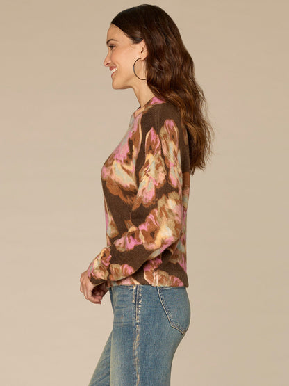 Democracy Clothing Long Ruched Sleeve Mock Neck Abstract Floral Print Petite Sweater - Espresso Spiced Tea Multi|Dark Roast Pink Shadow Floral Multi