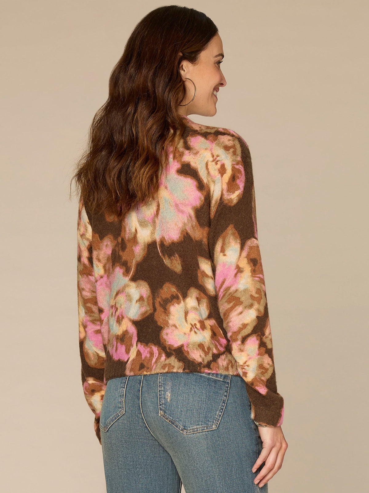 Democracy Clothing Long Ruched Sleeve Mock Neck Abstract Floral Print Petite Sweater - Espresso Spiced Tea Multi|Dark Roast Pink Shadow Floral Multi