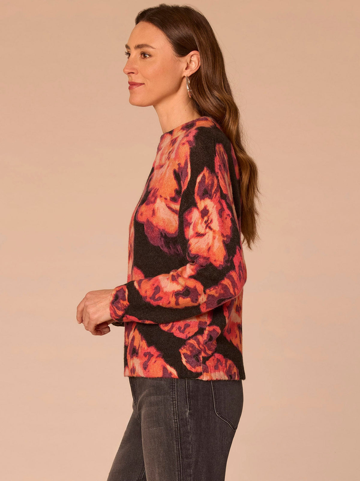 Democracy Clothing Long Ruched Sleeve Mock Neck Abstract Floral Print Petite Sweater - Espresso Spiced Tea Multi|Dark Roast Pink Shadow Floral Multi