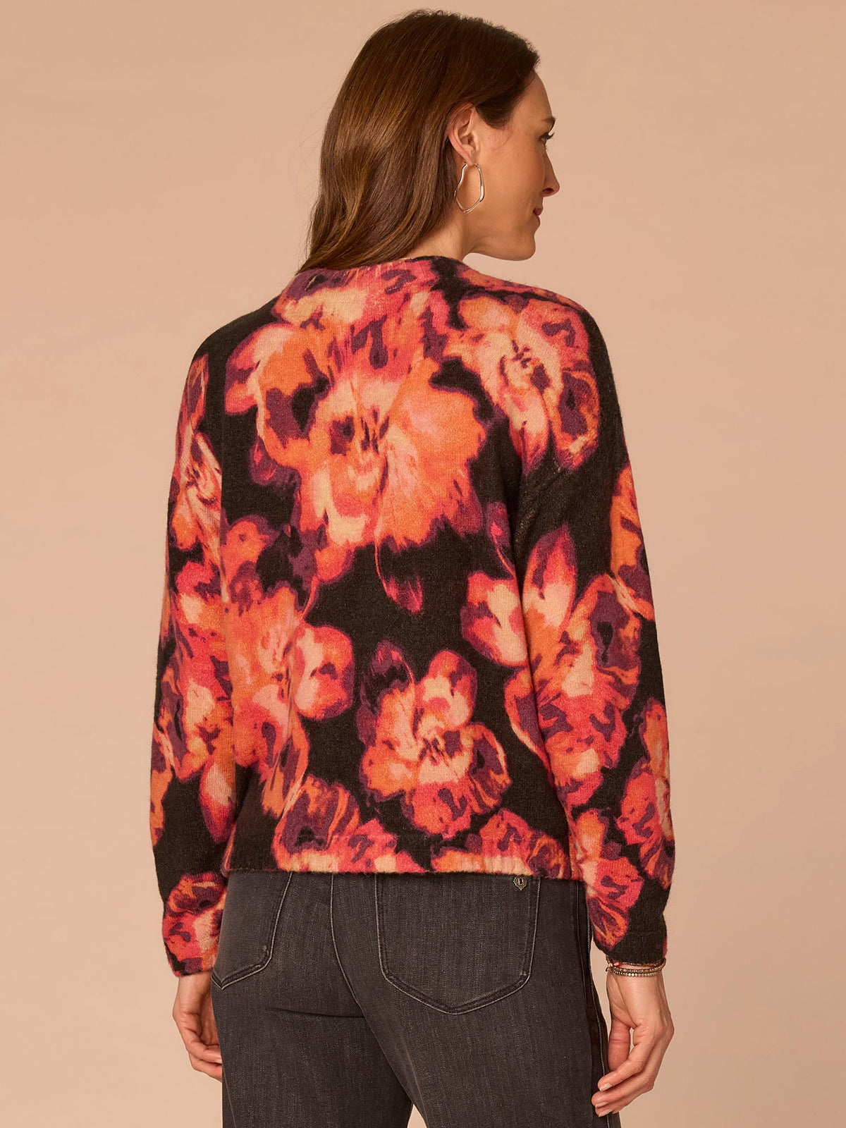 Democracy Clothing Long Ruched Sleeve Mock Neck Abstract Floral Print Petite Sweater - Espresso Spiced Tea Multi|Dark Roast Pink Shadow Floral Multi