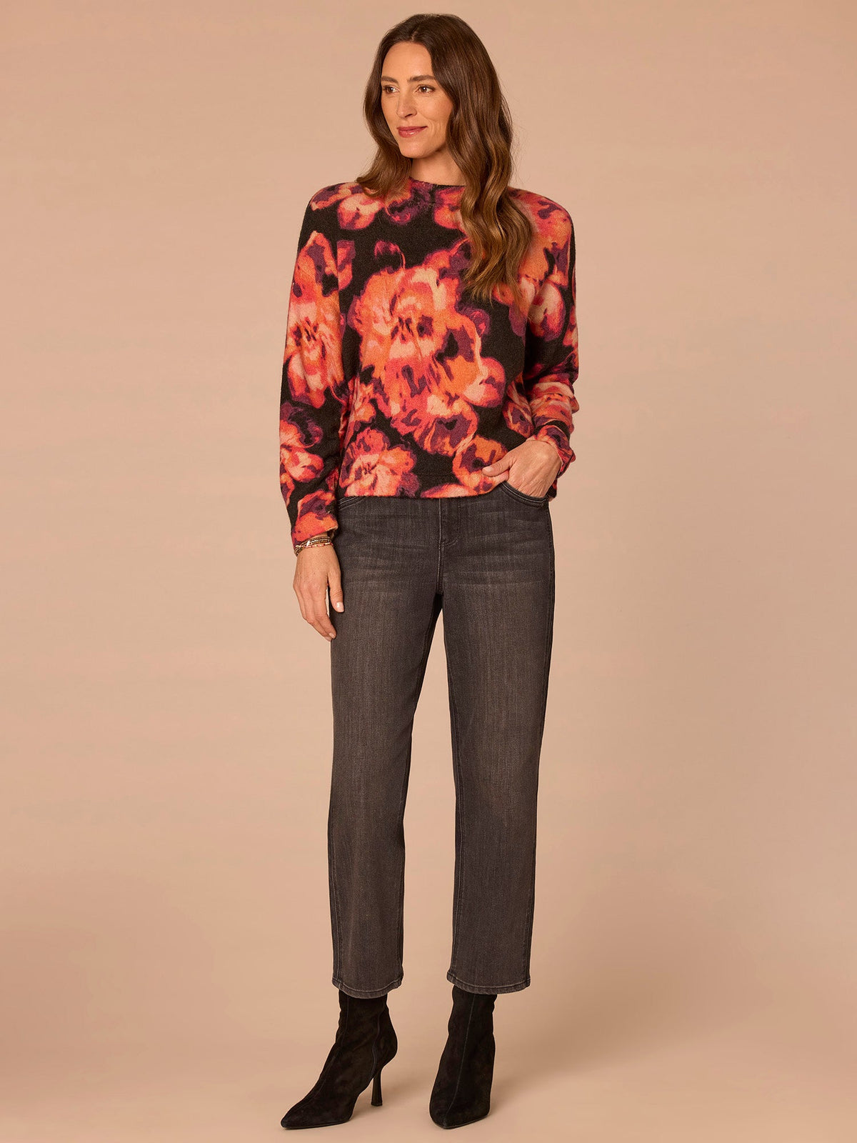 Democracy Clothing Long Ruched Sleeve Mock Neck Abstract Floral Print Petite Sweater - Espresso Spiced Tea Multi|Dark Roast Pink Shadow Floral Multi