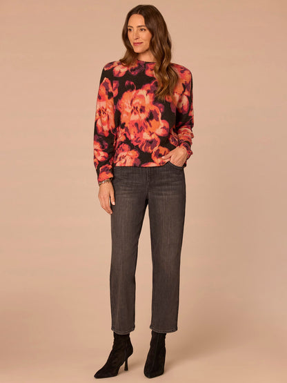 Democracy Clothing Long Ruched Sleeve Mock Neck Abstract Floral Print Petite Sweater - Espresso Spiced Tea Multi|Dark Roast Pink Shadow Floral Multi