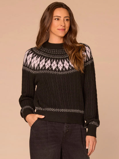 Democracy Clothing Long Blouson Sleeve High Round Neck Fair Isle Argyle Sweater - Heather Brown Multi|Heather Charcoal Multi|Heather Navy Blue Multi
