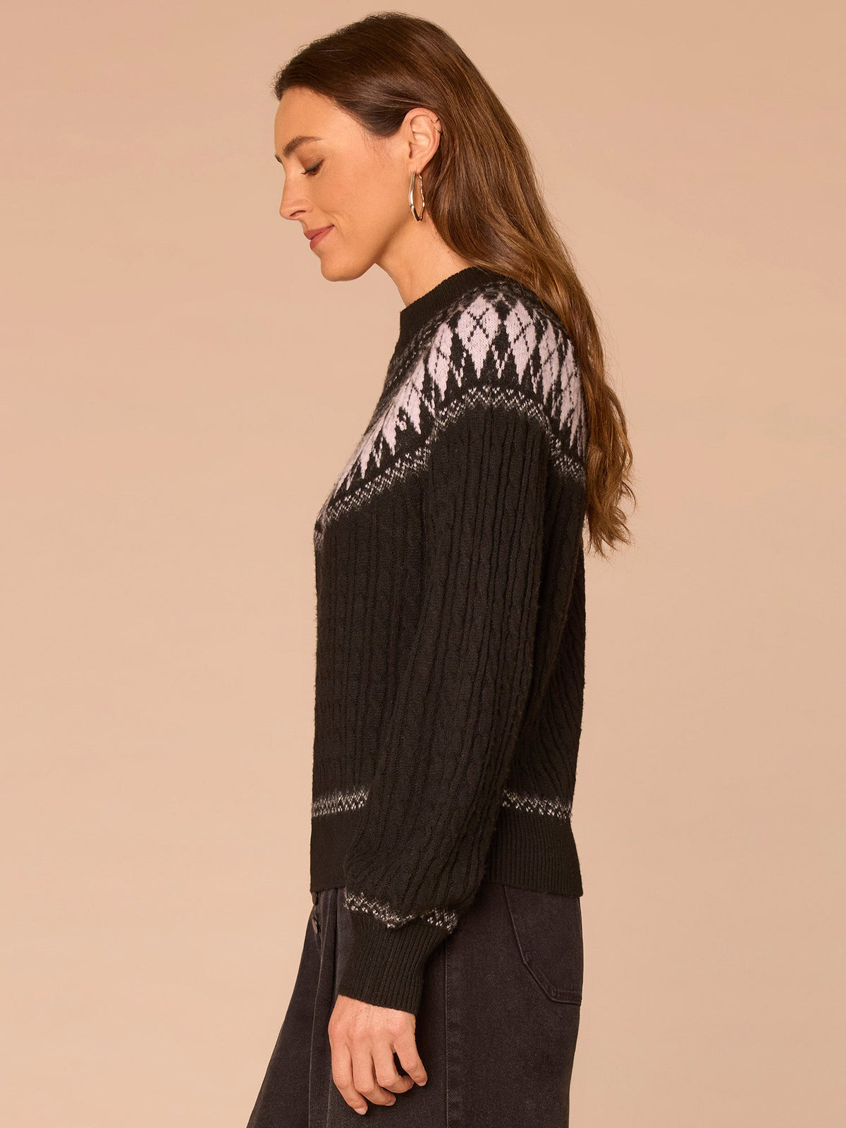 Democracy Clothing Long Blouson Sleeve High Round Neck Fair Isle Argyle Sweater - Heather Brown Multi|Heather Charcoal Multi|Heather Navy Blue Multi