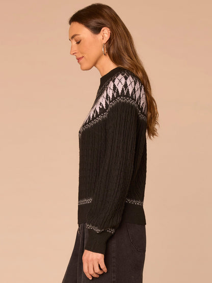 Democracy Clothing Long Blouson Sleeve High Round Neck Fair Isle Argyle Sweater - Heather Brown Multi|Heather Charcoal Multi|Heather Navy Blue Multi