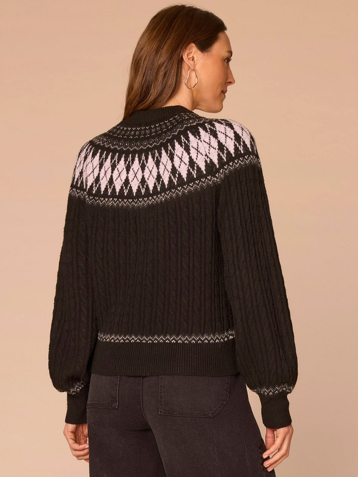 Democracy Clothing Long Blouson Sleeve High Round Neck Fair Isle Argyle Sweater - Heather Brown Multi|Heather Charcoal Multi|Heather Navy Blue Multi