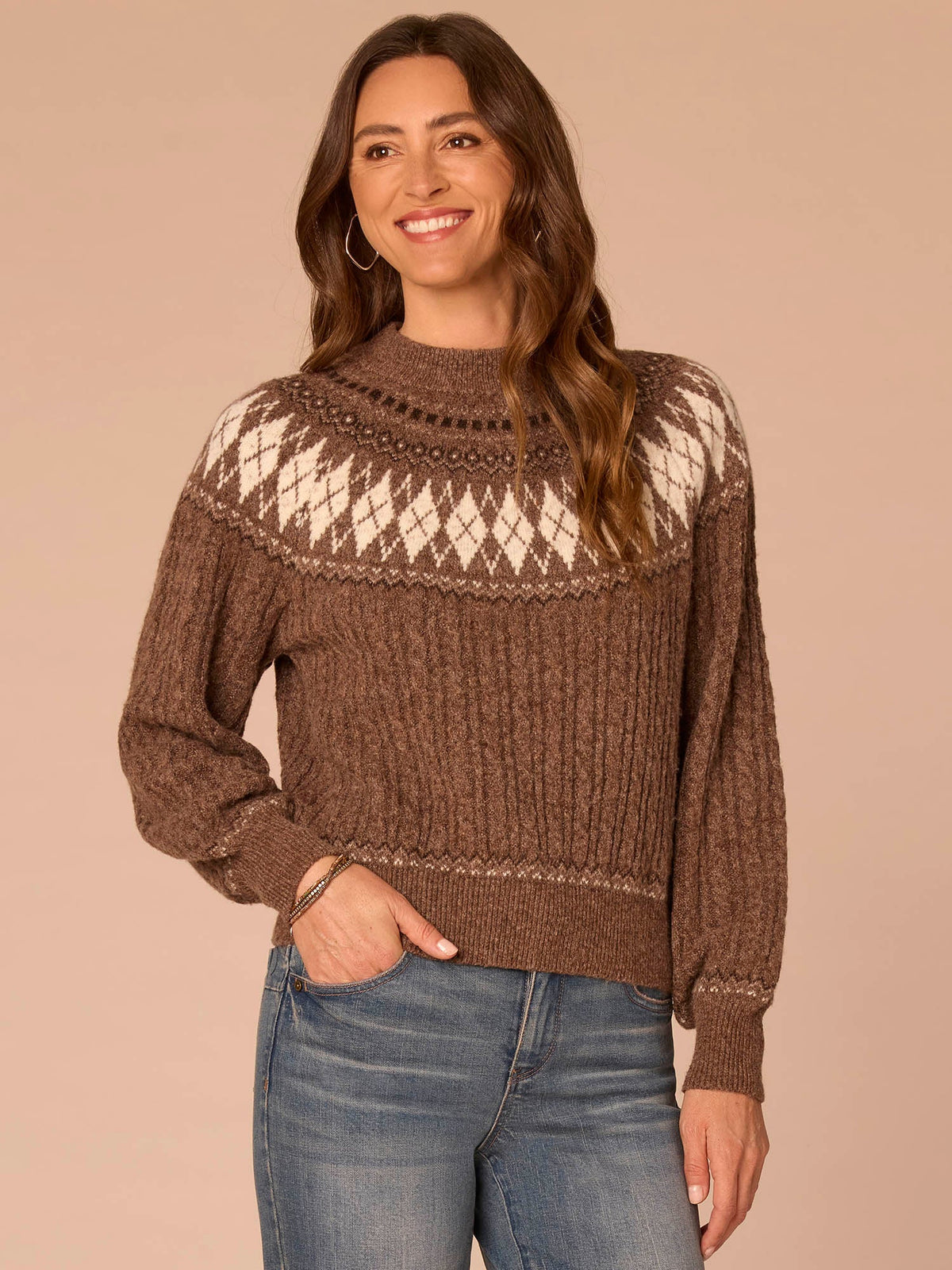 Democracy Clothing Long Blouson Sleeve High Round Neck Fair Isle Argyle Sweater - Heather Brown Multi|Heather Charcoal Multi|Heather Navy Blue Multi