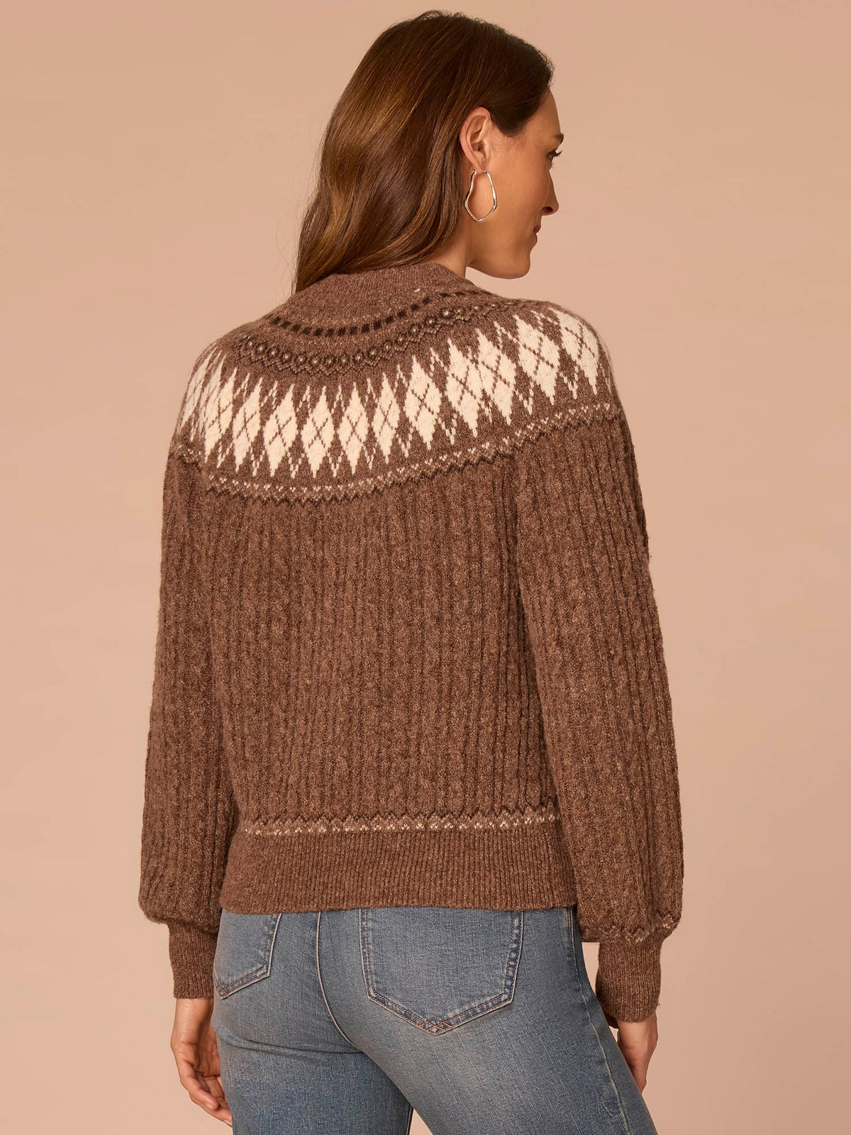 Democracy Clothing Long Blouson Sleeve High Round Neck Fair Isle Argyle Sweater - Heather Brown Multi|Heather Charcoal Multi|Heather Navy Blue Multi