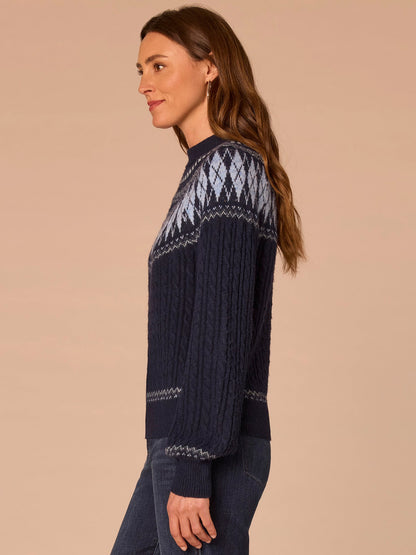 Democracy Clothing Long Blouson Sleeve High Round Neck Fair Isle Argyle Sweater - Heather Brown Multi|Heather Charcoal Multi|Heather Navy Blue Multi