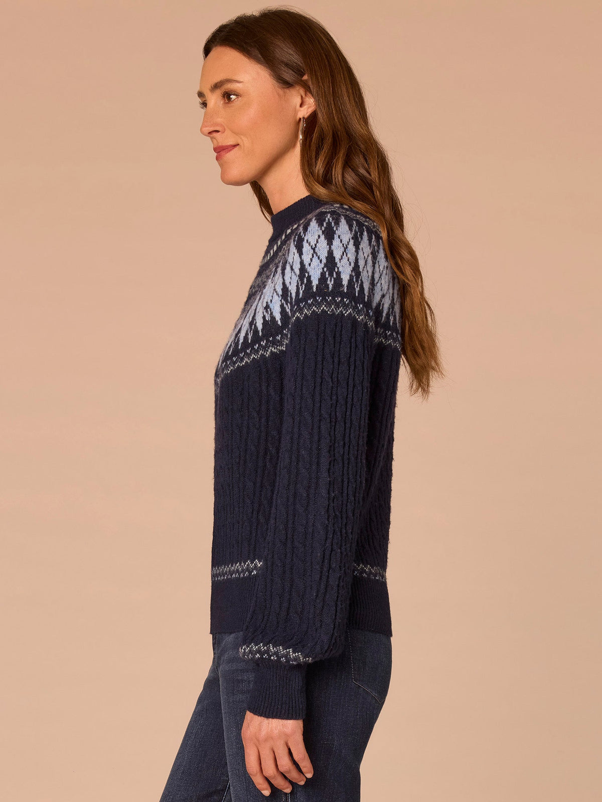 Democracy Clothing Long Blouson Sleeve High Round Neck Fair Isle Argyle Petite Sweater - Heather Navy Blue Multi