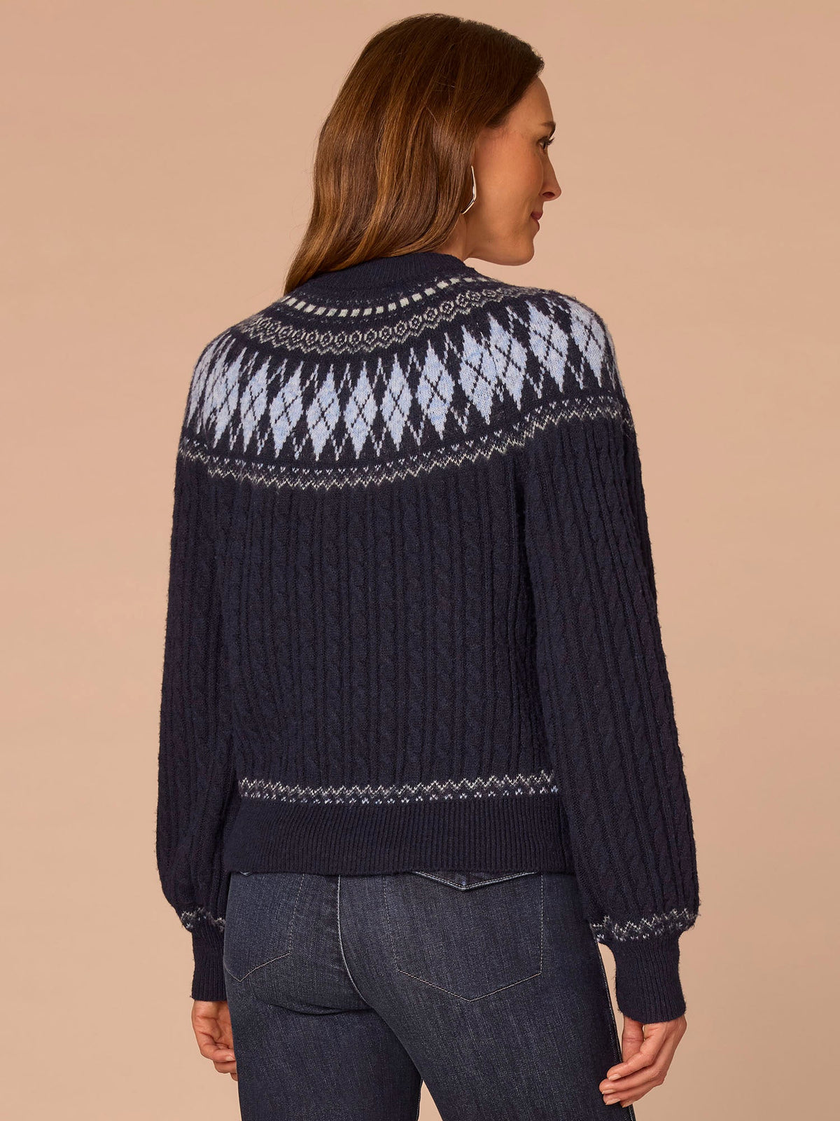 Democracy Clothing Long Blouson Sleeve High Round Neck Fair Isle Argyle Petite Sweater - Heather Navy Blue Multi