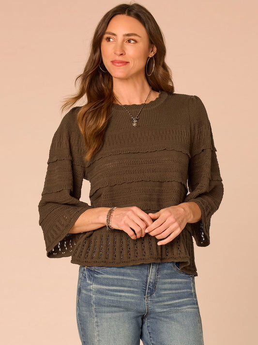 Democracy Clothing Bell Sleeve Round Neck Scallop Edge Variegated Stitch Mix Sweater - Forest Moss|Light Khaki|Nile Blue