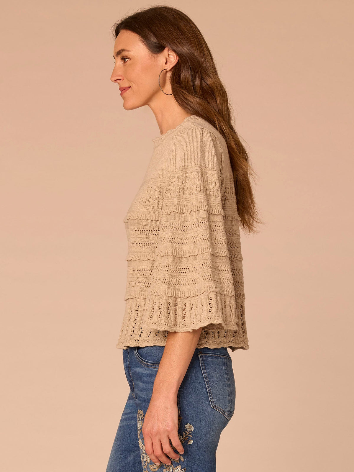 Democracy Clothing Bell Sleeve Round Neck Scallop Edge Stitch Mix Petite Sweater - Saddle|Light Khaki|Nile Blue