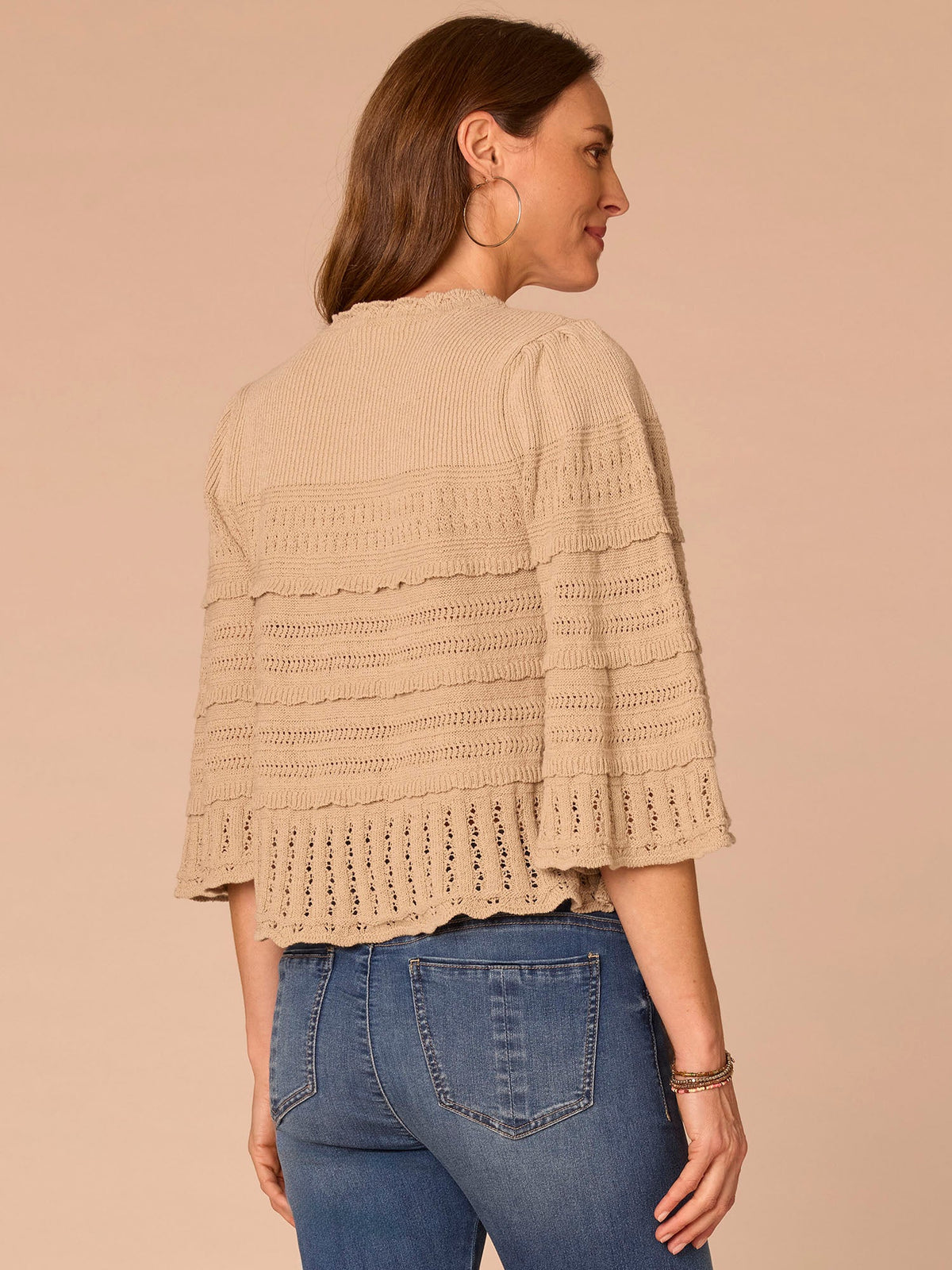 Democracy Clothing Bell Sleeve Round Neck Scallop Edge Stitch Mix Petite Sweater - Saddle|Light Khaki|Nile Blue