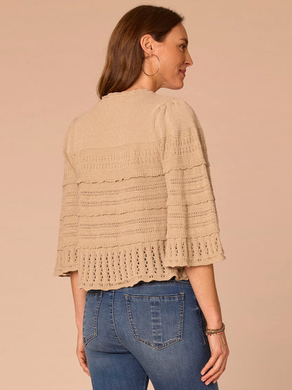 Democracy Clothing Bell Sleeve Round Neck Scallop Edge Stitch Mix Petite Sweater - Saddle|Light Khaki|Nile Blue