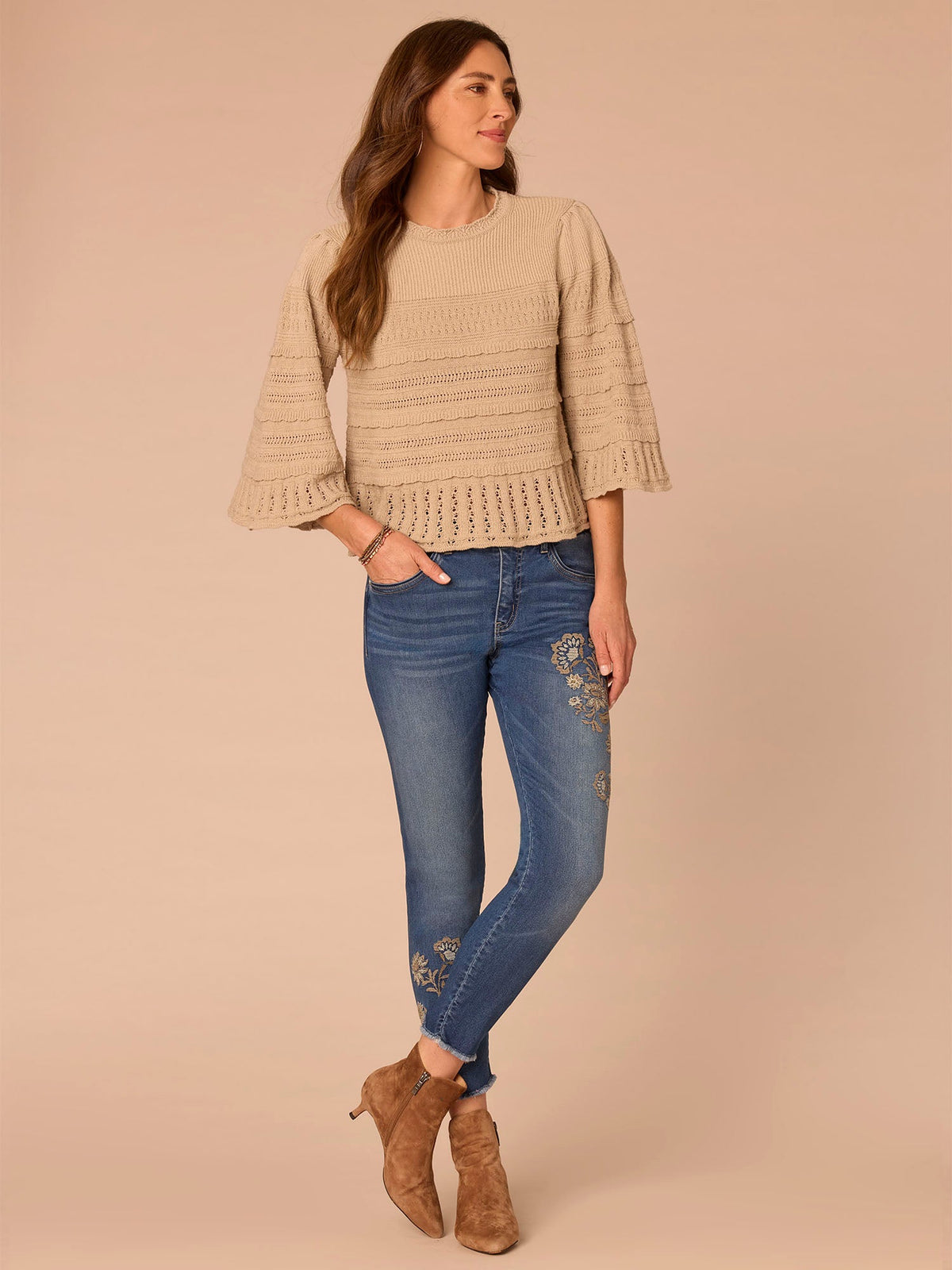 Democracy Clothing Bell Sleeve Round Neck Scallop Edge Stitch Mix Petite Sweater - Saddle|Light Khaki|Nile Blue