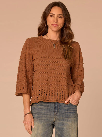 Democracy Clothing Bell Sleeve Round Neck Scallop Edge Stitch Mix Petite Sweater - Saddle|Light Khaki|Nile Blue