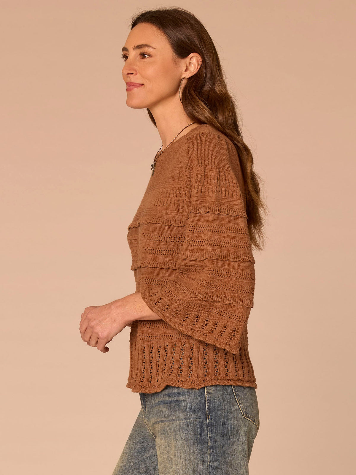 Democracy Clothing Bell Sleeve Round Neck Scallop Edge Stitch Mix Petite Sweater - Saddle|Light Khaki|Nile Blue