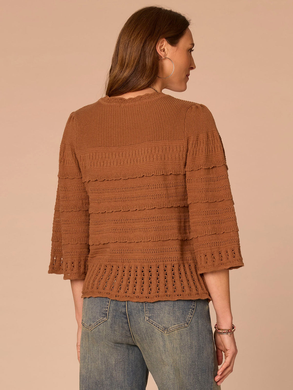 Democracy Clothing Bell Sleeve Round Neck Scallop Edge Stitch Mix Petite Sweater - Saddle|Light Khaki|Nile Blue