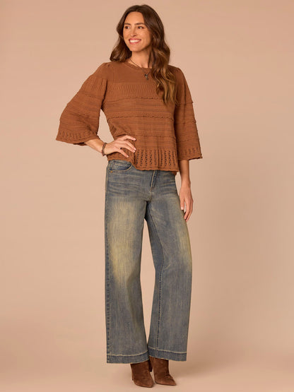 Democracy Clothing Bell Sleeve Round Neck Scallop Edge Stitch Mix Petite Sweater - Saddle|Light Khaki|Nile Blue