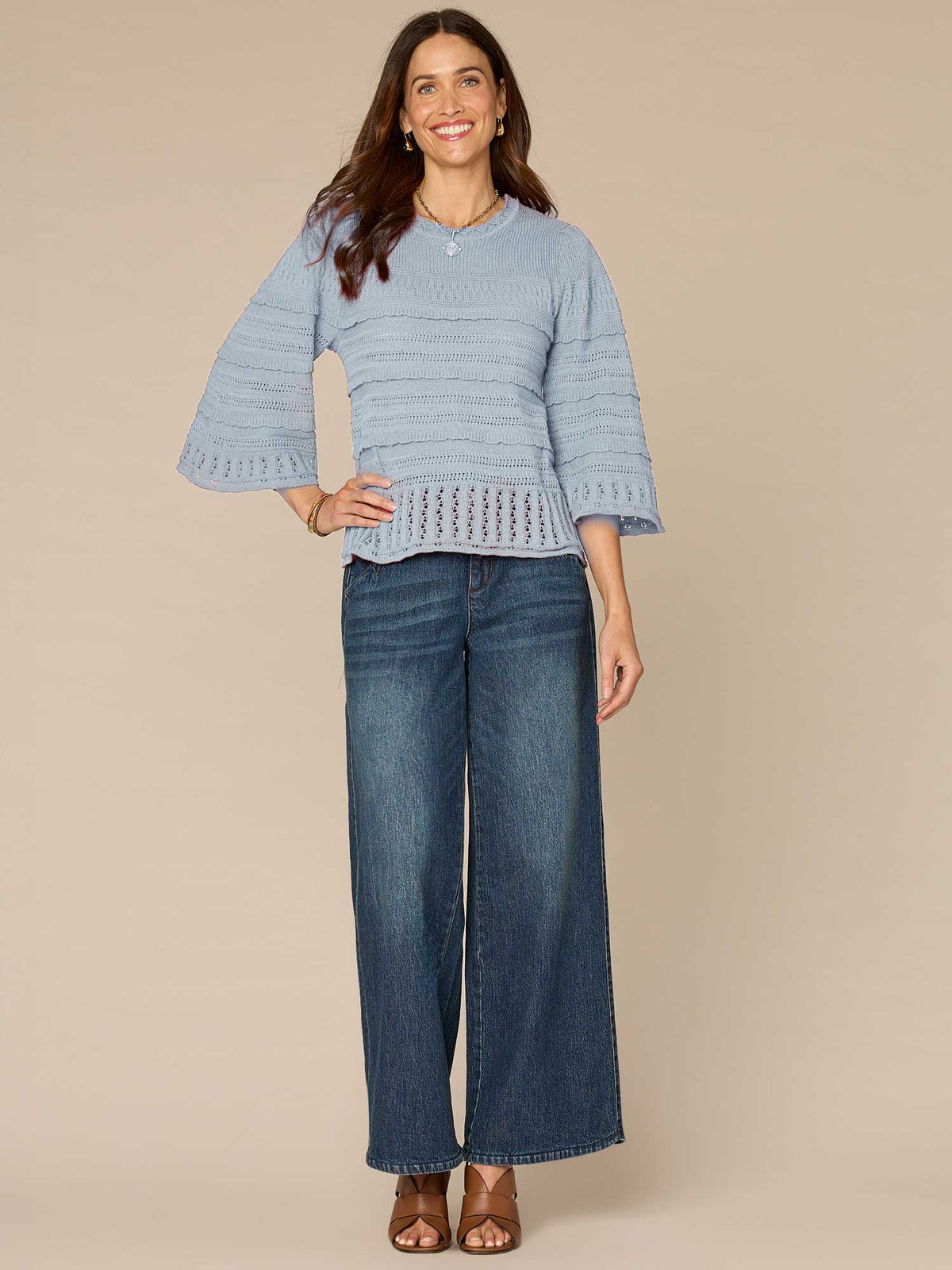 Democracy Clothing Bell Sleeve Round Neck Scallop Edge Stitch Mix Petite Sweater - Saddle|Light Khaki|Nile Blue