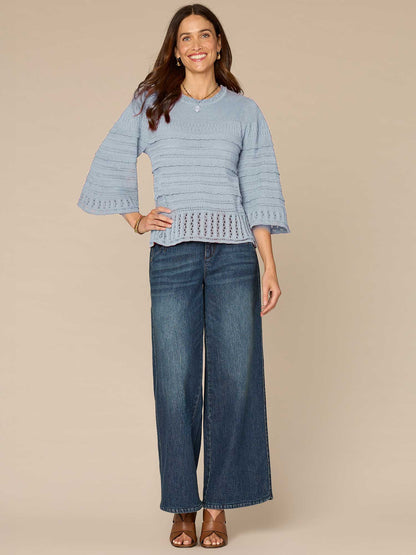 Democracy Clothing Bell Sleeve Round Neck Scallop Edge Stitch Mix Petite Sweater - Saddle|Light Khaki|Nile Blue