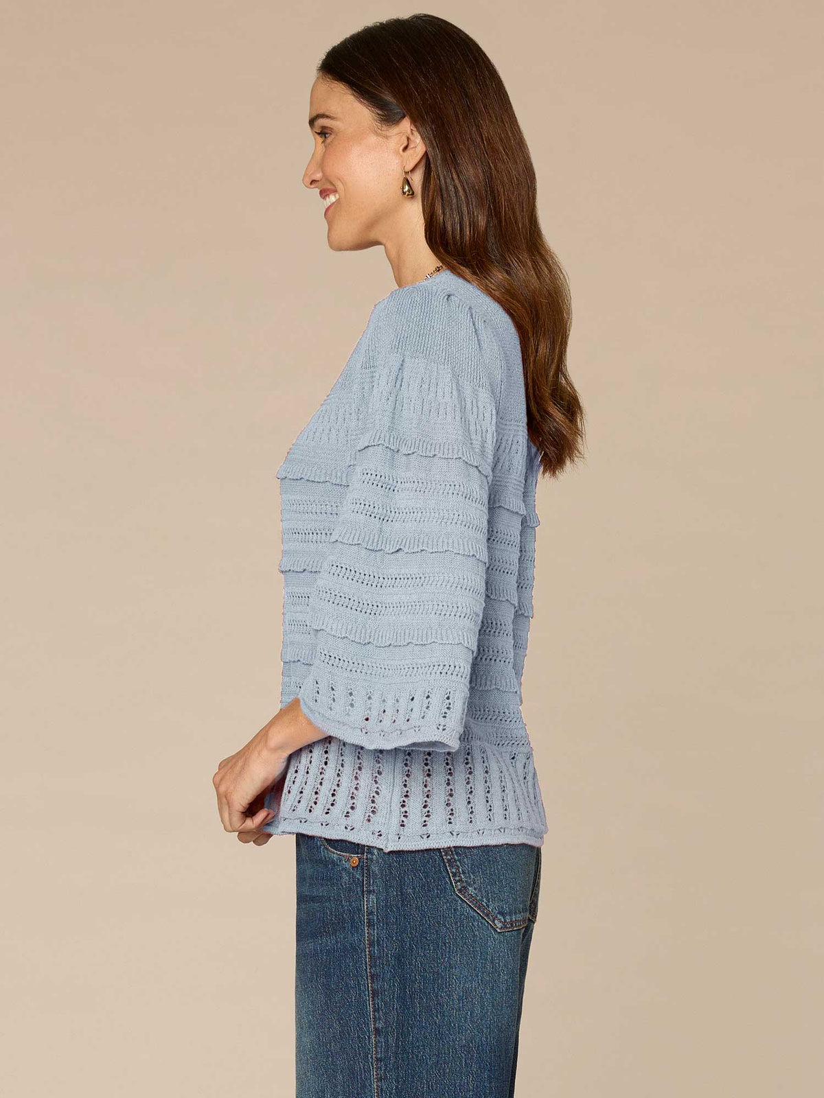 Democracy Clothing Bell Sleeve Round Neck Scallop Edge Stitch Mix Petite Sweater - Saddle|Light Khaki|Nile Blue
