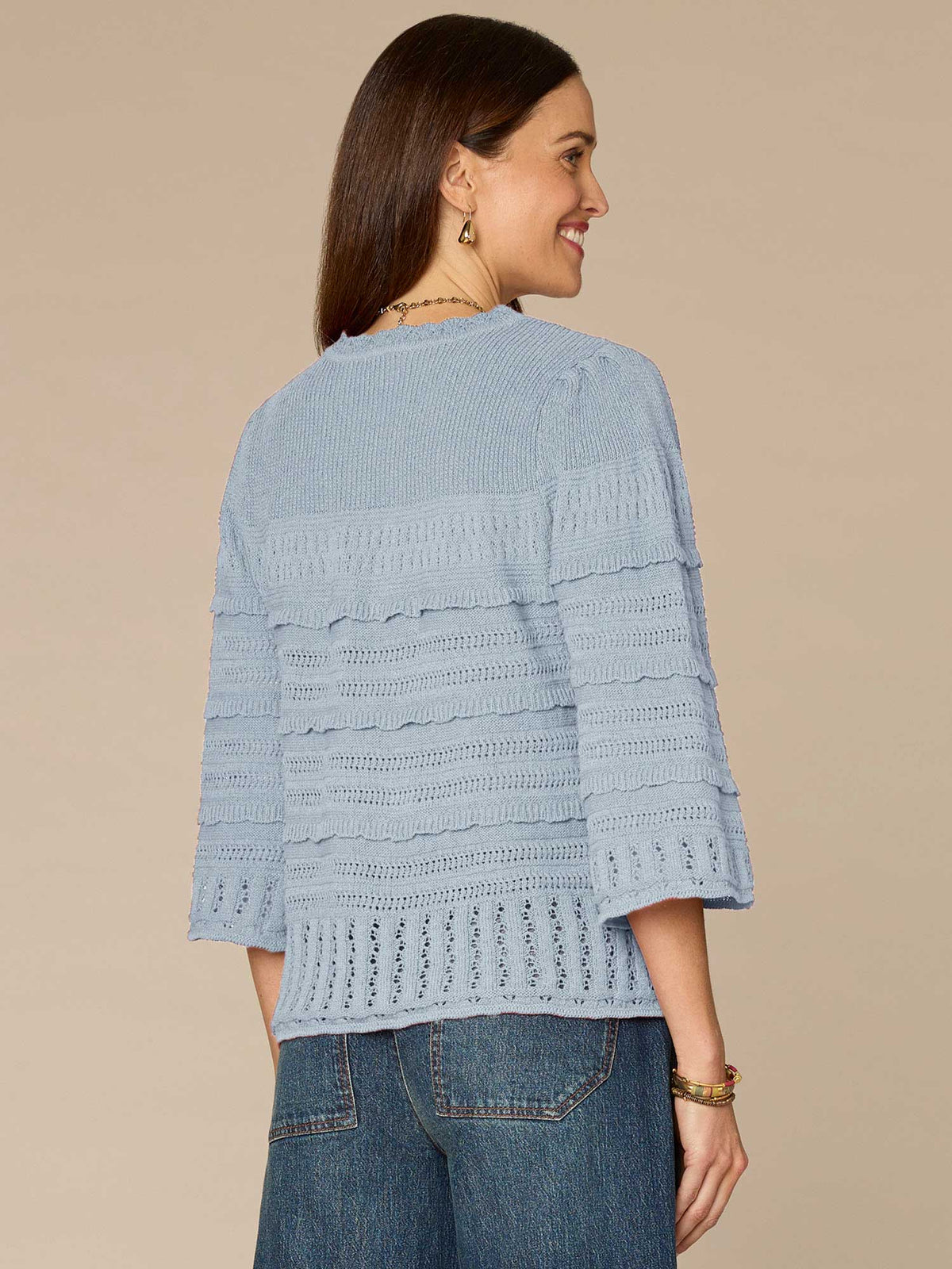 Democracy Clothing Bell Sleeve Round Neck Scallop Edge Stitch Mix Petite Sweater - Saddle|Light Khaki|Nile Blue
