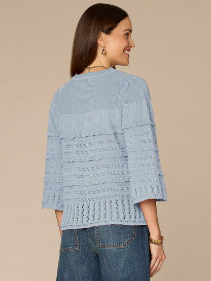 Democracy Clothing Bell Sleeve Round Neck Scallop Edge Stitch Mix Petite Sweater - Saddle|Light Khaki|Nile Blue