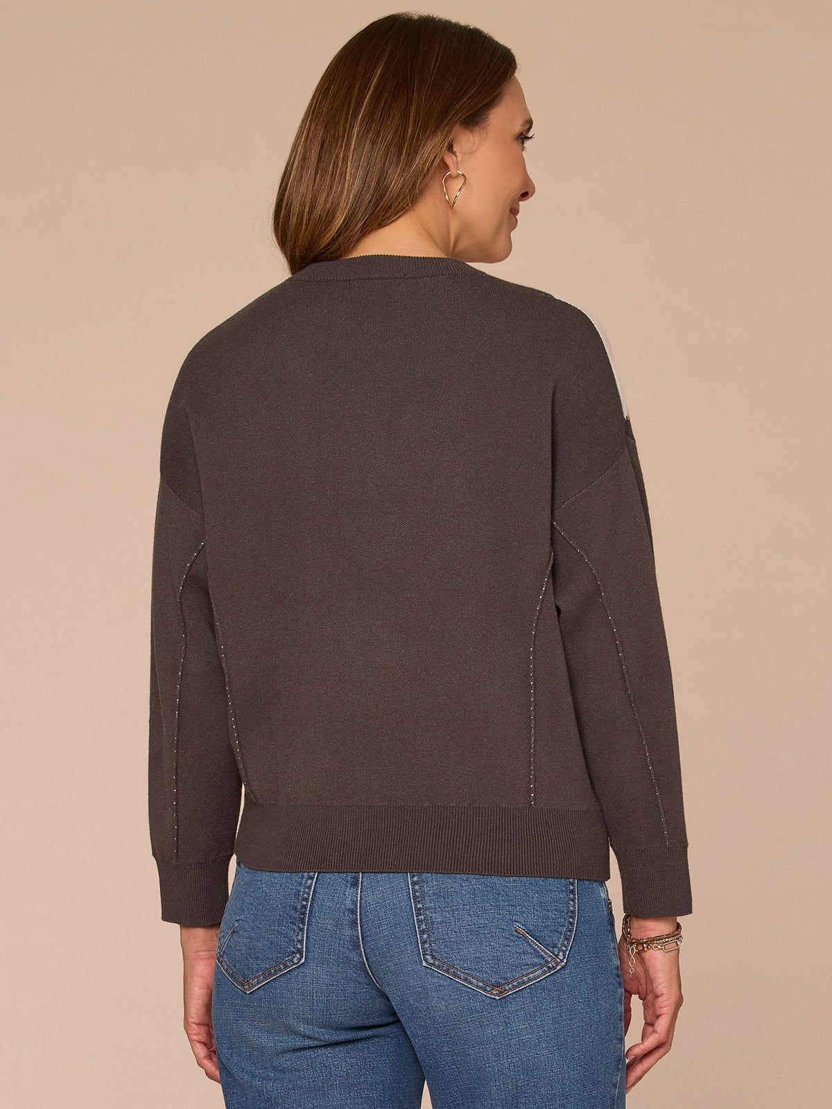 Democracy Clothing Long Sleeve Round Neck Doggie Embroidery Jacquard Sweater - Heather Charcoal