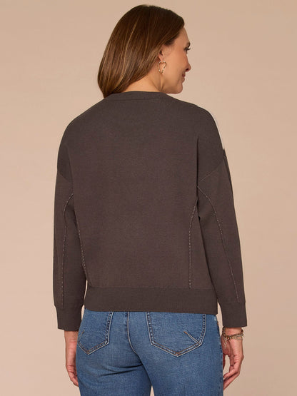 Democracy Clothing Long Sleeve Round Neck Doggie Embroidery Jacquard Sweater - Heather Charcoal