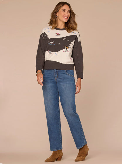 Democracy Clothing Long Sleeve Round Neck Doggie Embroidery Jacquard Sweater - Heather Charcoal