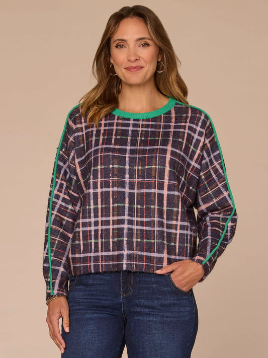 Democracy Clothing Long Drop Shoulder Sleeve Round Neck Plaid Sweater with Tipping Detail - Green Plaid Multi