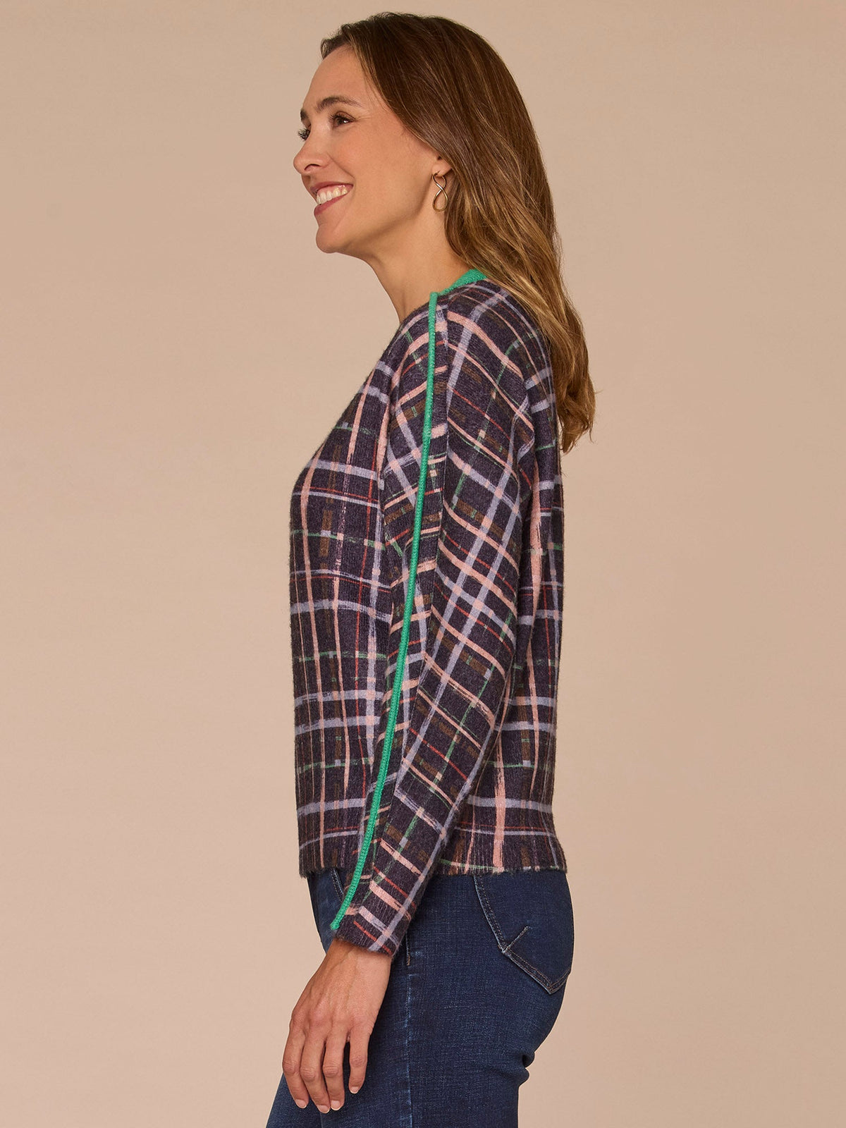Democracy Clothing Long Drop Shoulder Sleeve Round Neck Plaid Sweater with Tipping Detail - Green Plaid Multi
