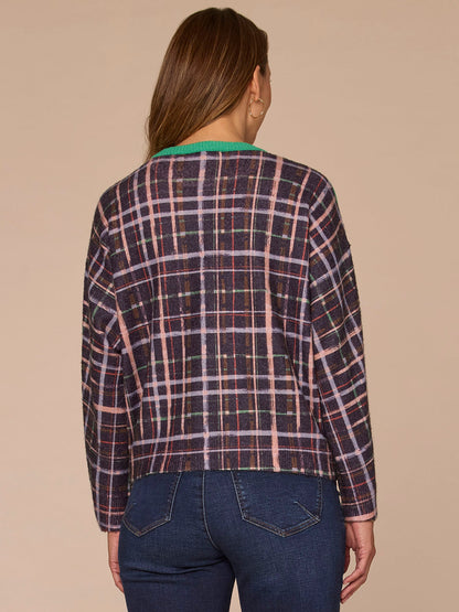Democracy Clothing Long Drop Shoulder Sleeve Round Neck Plaid Sweater with Tipping Detail - Green Plaid Multi
