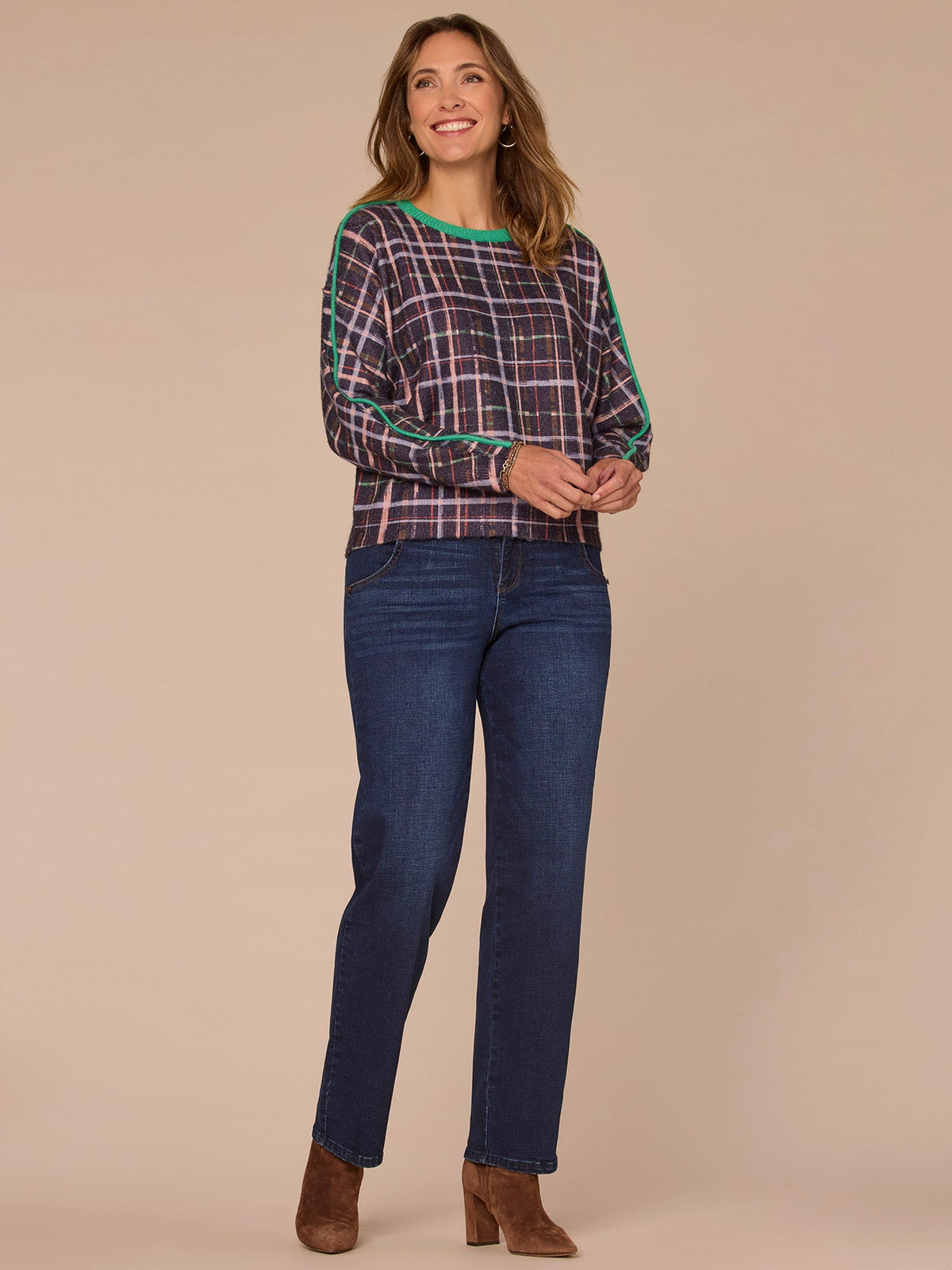 Democracy Clothing Long Drop Shoulder Sleeve Round Neck Plaid Sweater with Tipping Detail - Green Plaid Multi