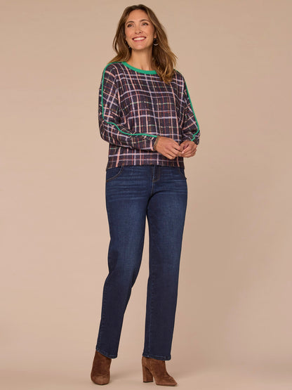 Democracy Clothing Long Drop Shoulder Sleeve Round Neck Plaid Sweater with Tipping Detail - Green Plaid Multi