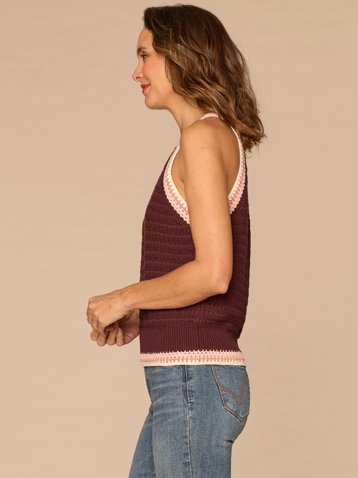 Democracy Clothing Sleeveless Crochet Round Neck Sweater Tank Top - Cherry Chocolate Off White|Pale Stone Sweet Toffee Multi|Off White Emerald Teal Multi