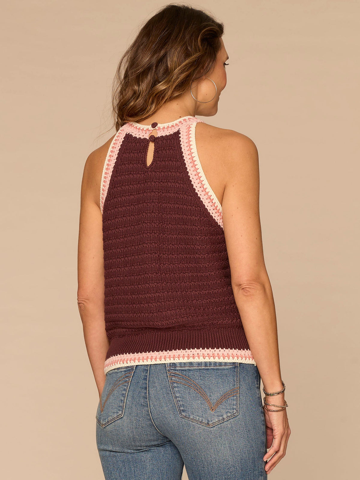 Democracy Clothing Sleeveless Crochet Round Neck Sweater Tank Top - Cherry Chocolate Off White|Pale Stone Sweet Toffee Multi|Off White Emerald Teal Multi