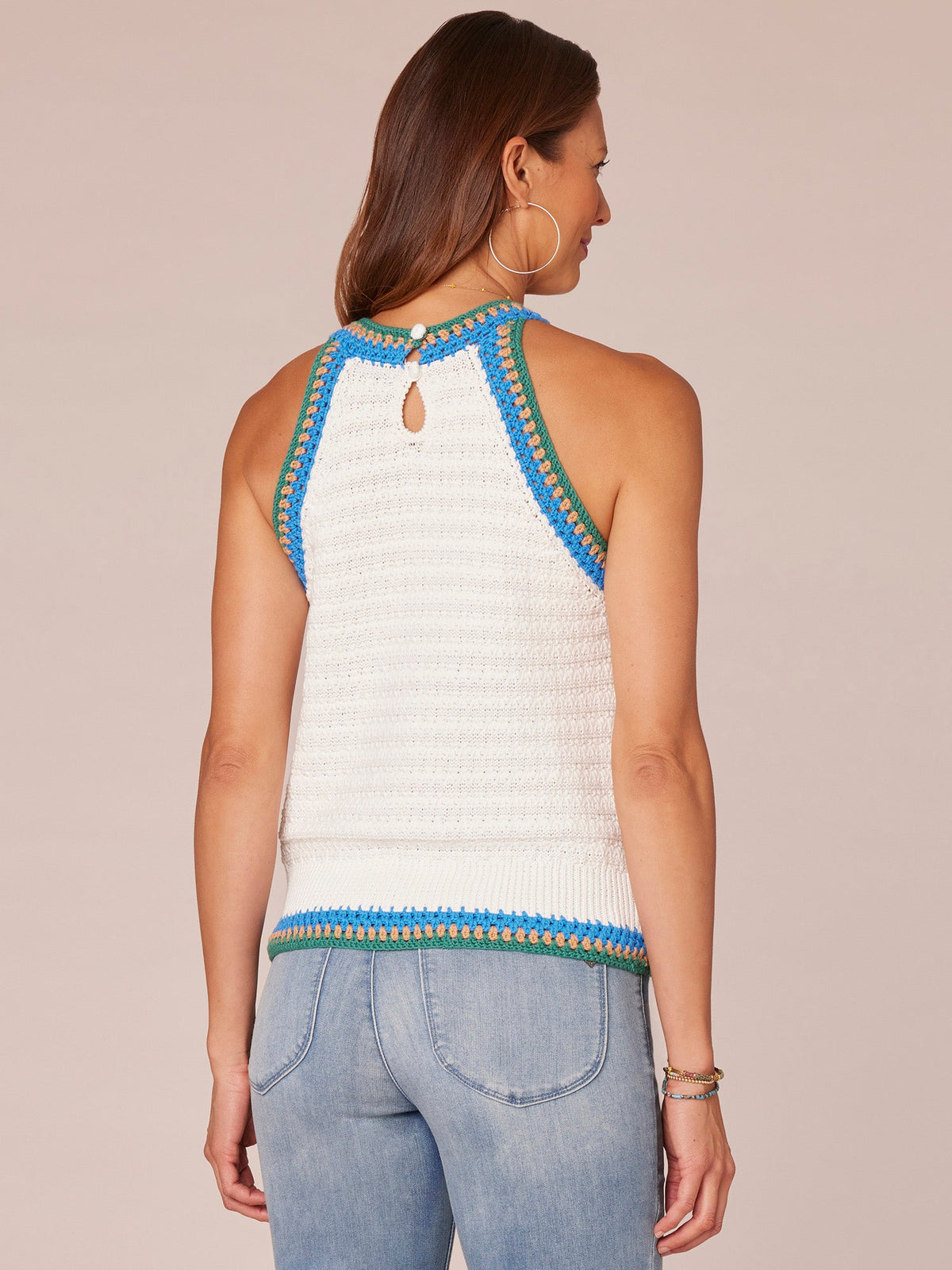 Democracy Clothing Sleeveless Crochet Round Neck Sweater Tank Top - Cherry Chocolate Off White|Pale Stone Sweet Toffee Multi|Off White Emerald Teal Multi