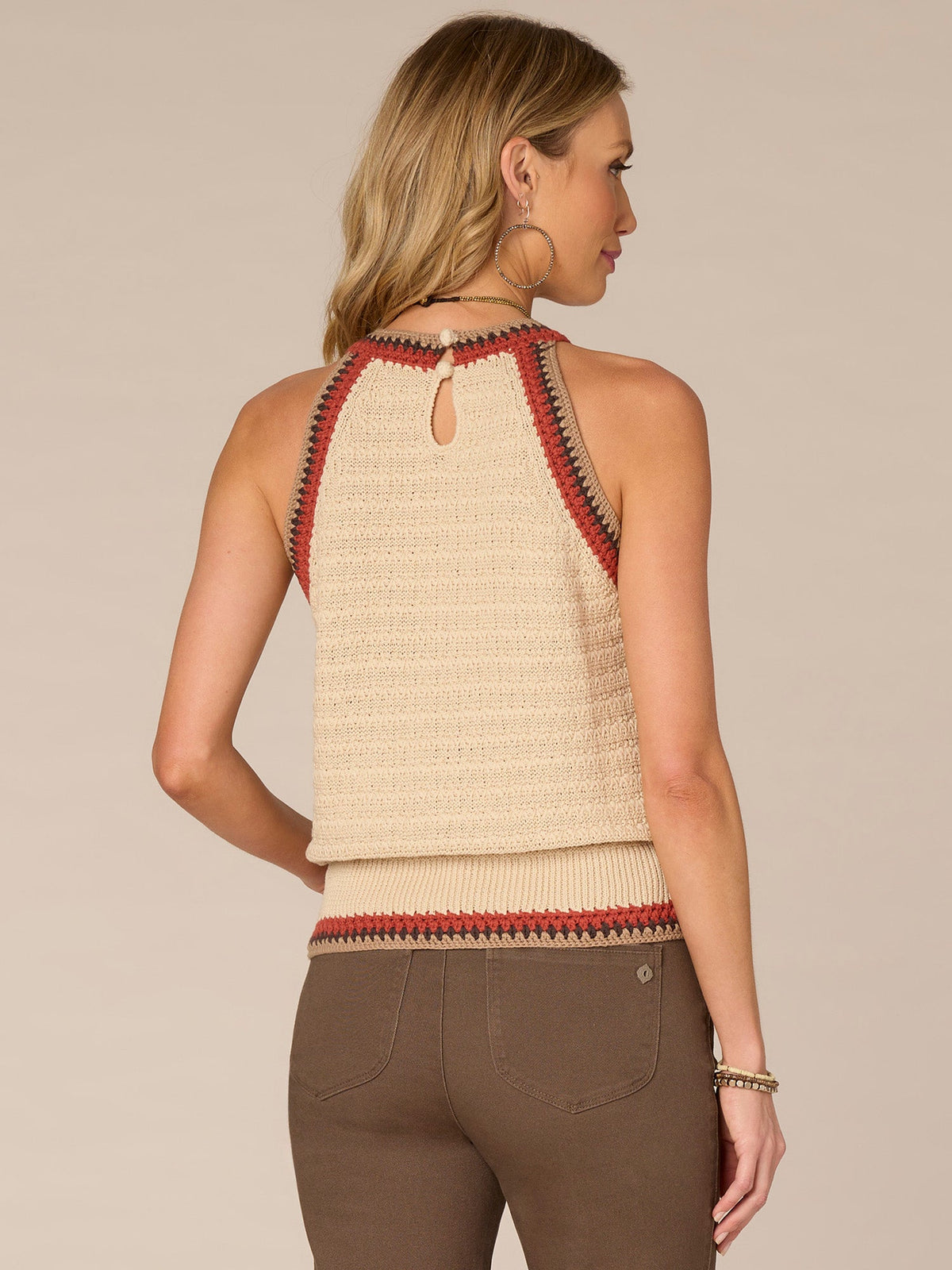 Democracy Clothing Sleeveless Crochet Round Neck Sweater Tank Top - Cherry Chocolate Off White|Pale Stone Sweet Toffee Multi|Off White Emerald Teal Multi