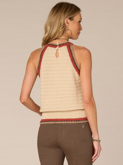 Democracy Clothing Sleeveless Crochet Round Neck Sweater Tank Top - Cherry Chocolate Off White|Pale Stone Sweet Toffee Multi|Off White Emerald Teal Multi