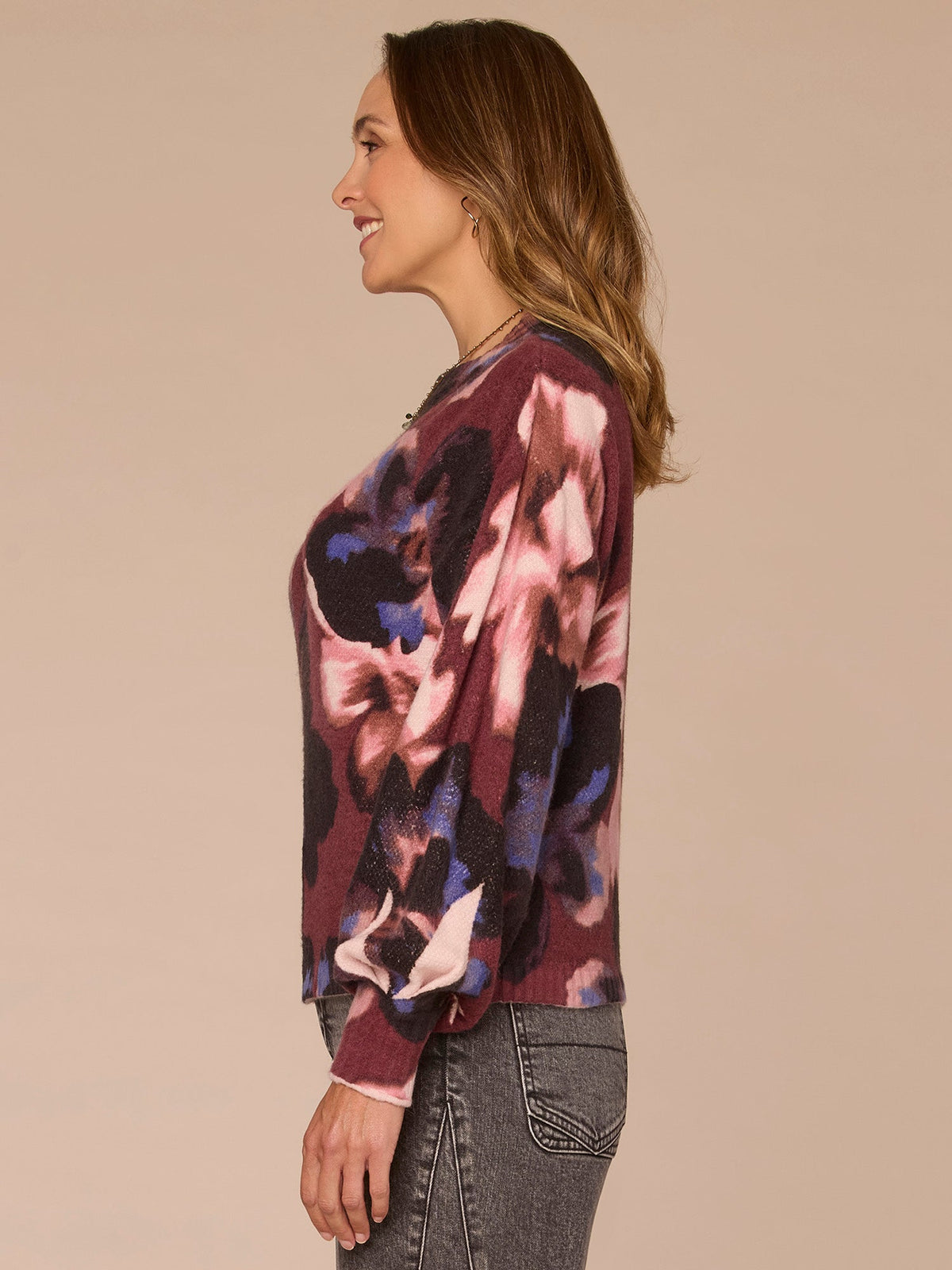 Democracy Clothing Long Pleated Blouson Sleeve Round Neck Floral Print Petite Sweater - Dark Raisin Multi