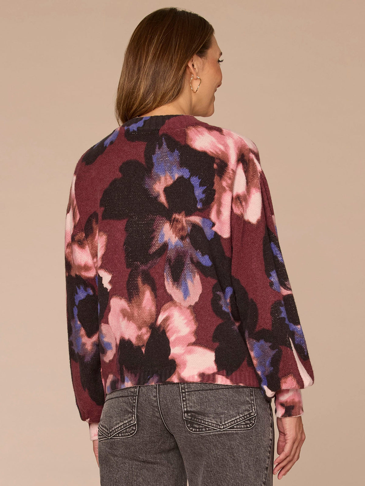 Democracy Clothing Long Pleated Blouson Sleeve Round Neck Floral Print Petite Sweater - Dark Raisin Multi