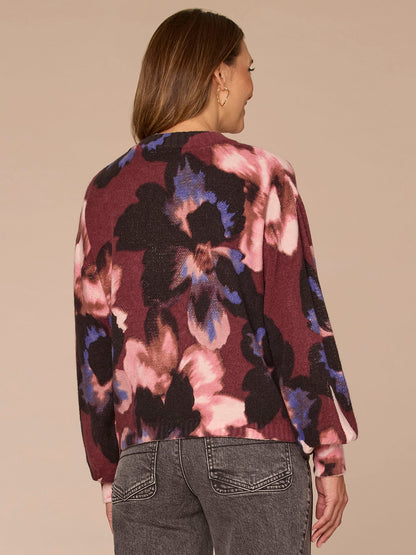 Democracy Clothing Long Pleated Blouson Sleeve Round Neck Floral Print Petite Sweater - Dark Raisin Multi