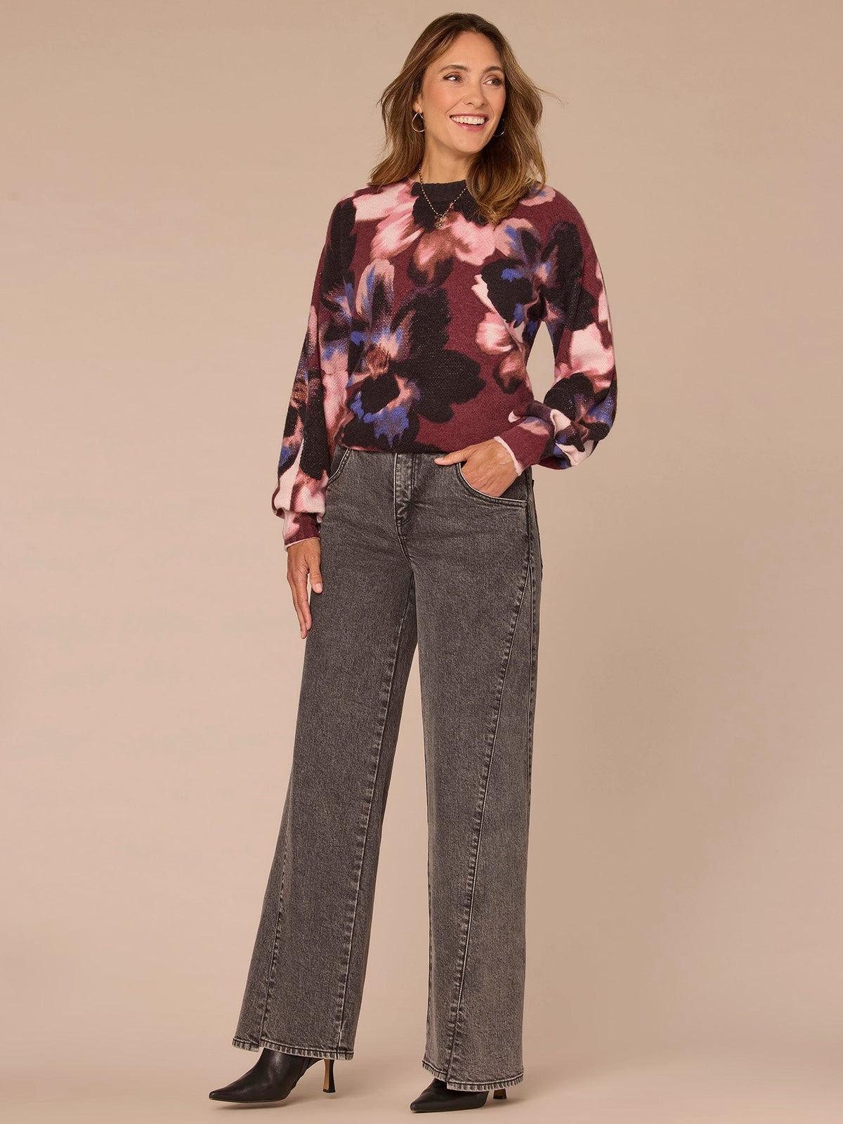 Democracy Clothing Long Pleated Blouson Sleeve Round Neck Floral Print Petite Sweater - Dark Raisin Multi