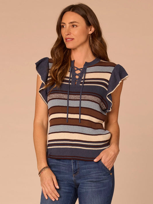 Democracy Clothing Short Flutter Sleeve Split Neck Lace Up Tie Striped Sweater - Blue Ensign Blue Multi