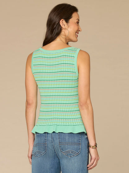 Democracy Clothing Round Neck Peplum Hem Pointelle Rib Sweater Tank Top - Sea Glass Striped Multi|Off White