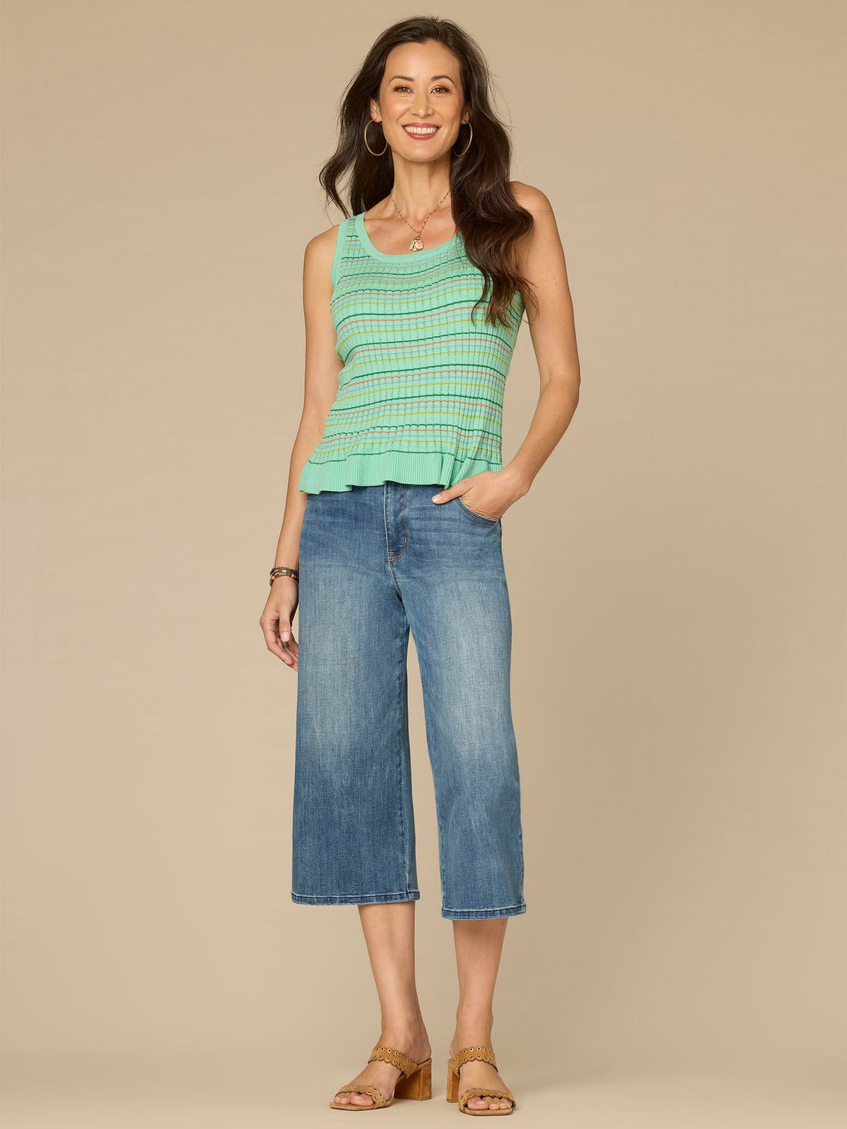 Democracy Clothing Round Neck Peplum Hem Pointelle Rib Sweater Tank Top - Sea Glass Striped Multi|Off White
